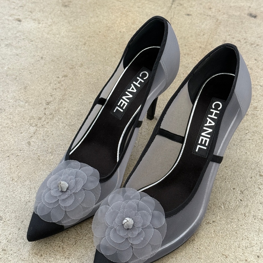 CHANEL Women's Black and Gray Mesh Heels